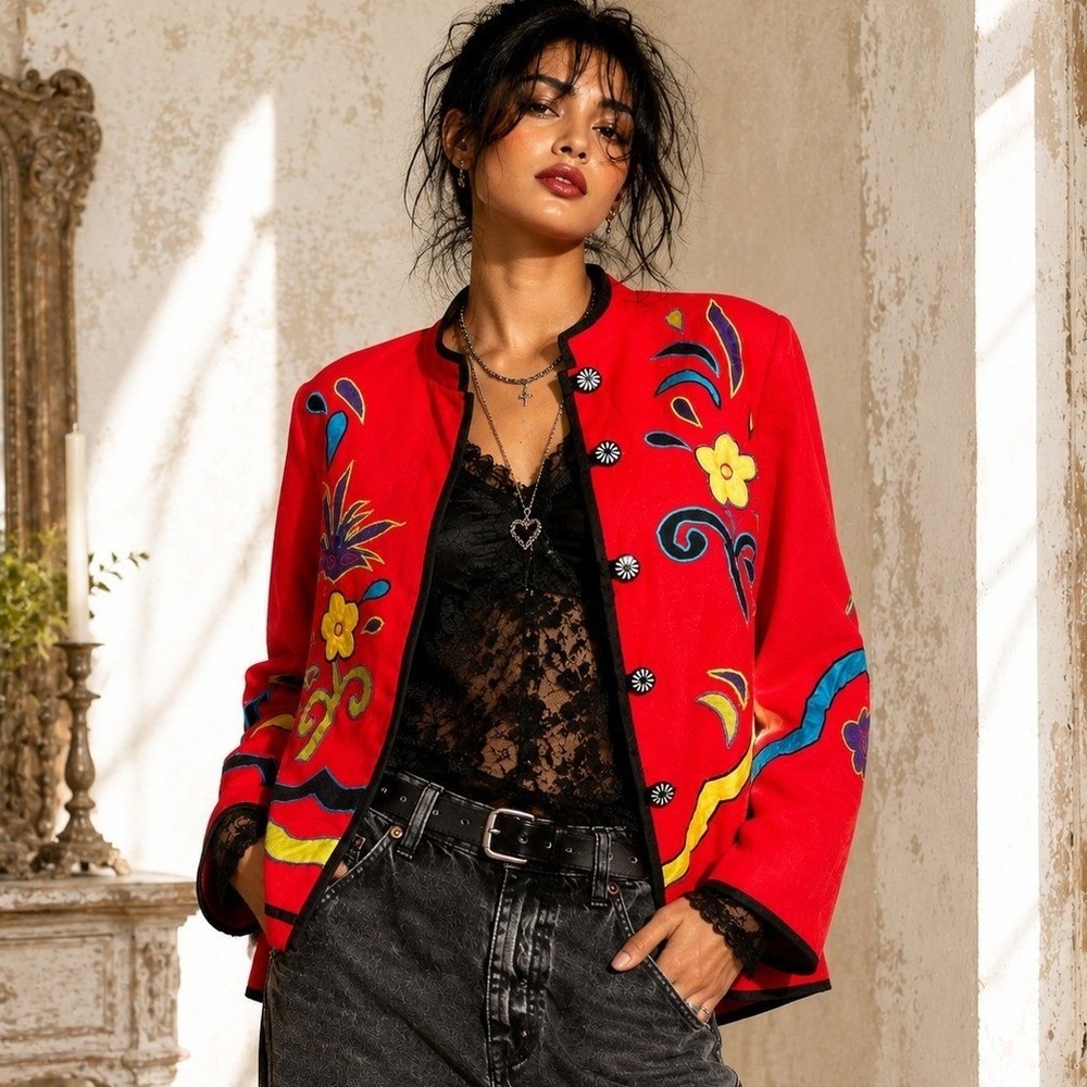 Vintage Y2K Floral Applique Embroidered Hand Woven Artsy Boho Jacket Women Red M
